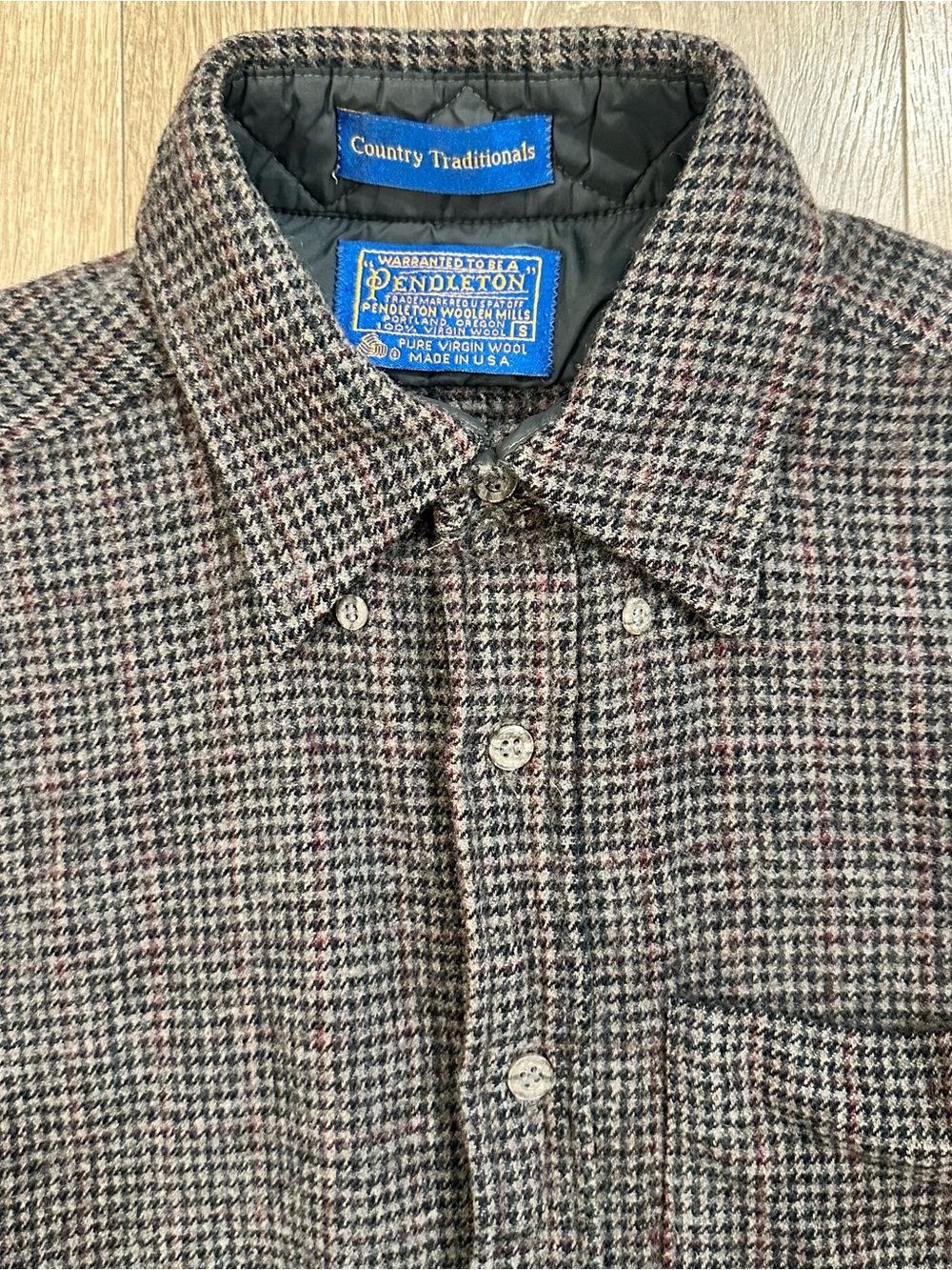 Vintage Pendleton Brown & Gray Houndstooth Wool Button-Down Shirt Size Small